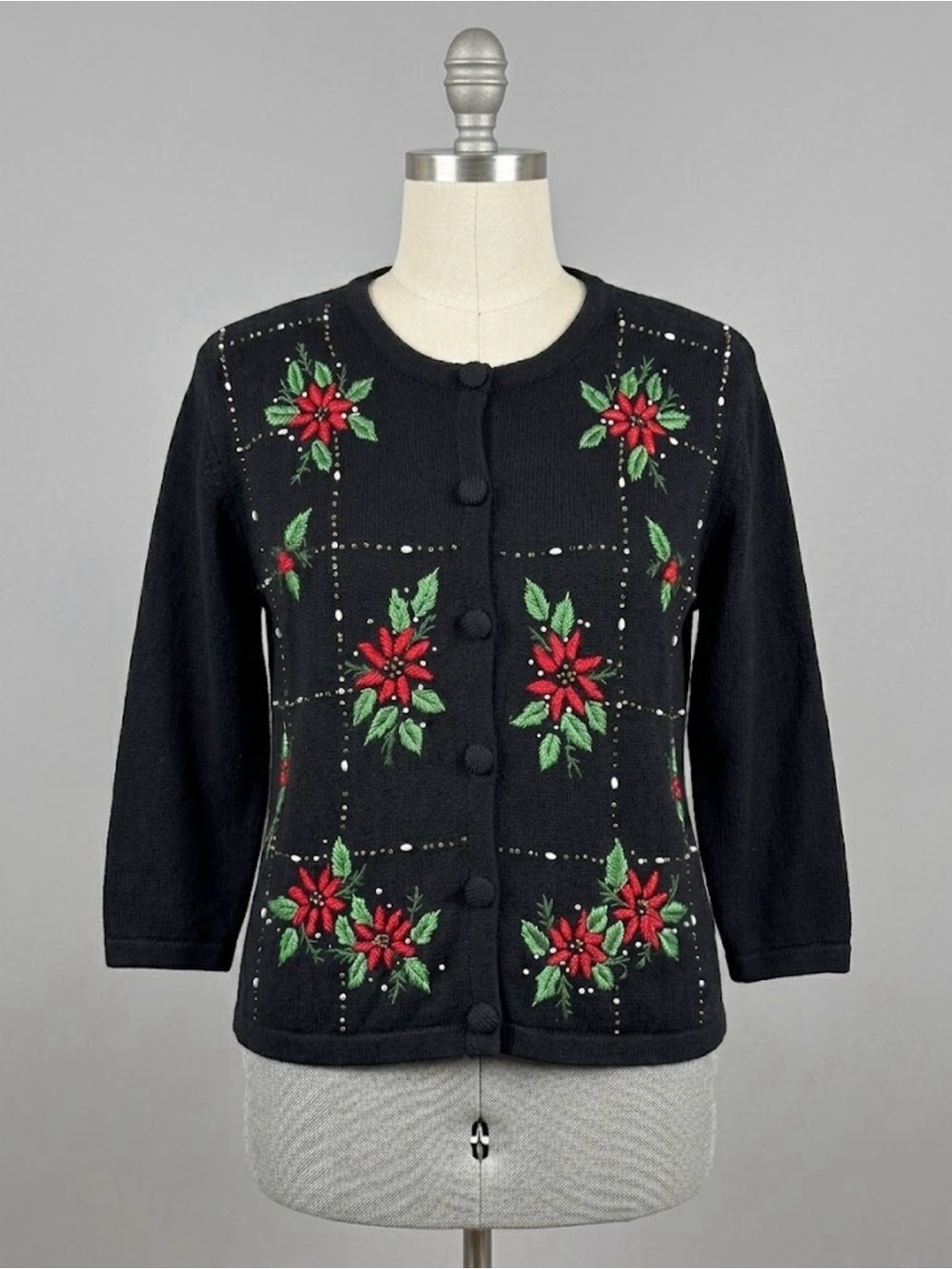 Vintage Black Embroidered Beaded Christmas Holiday Sweater Cardigan Poinsettia L